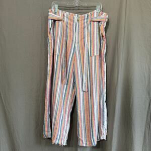 Wide Leg Cropped‎ Pants Linen Blend Rainbow Stripe Boho Beach Women's Size 14